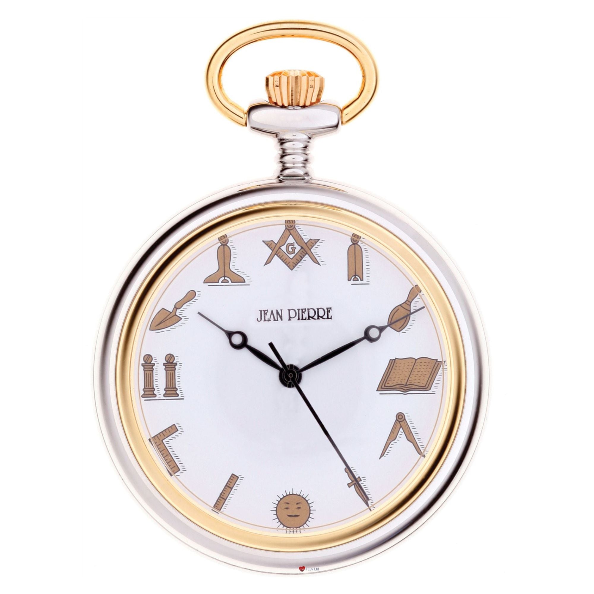 Pocket watch with gold and silver design on a white background