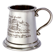 Silver tankard with engraved text and design on a white background