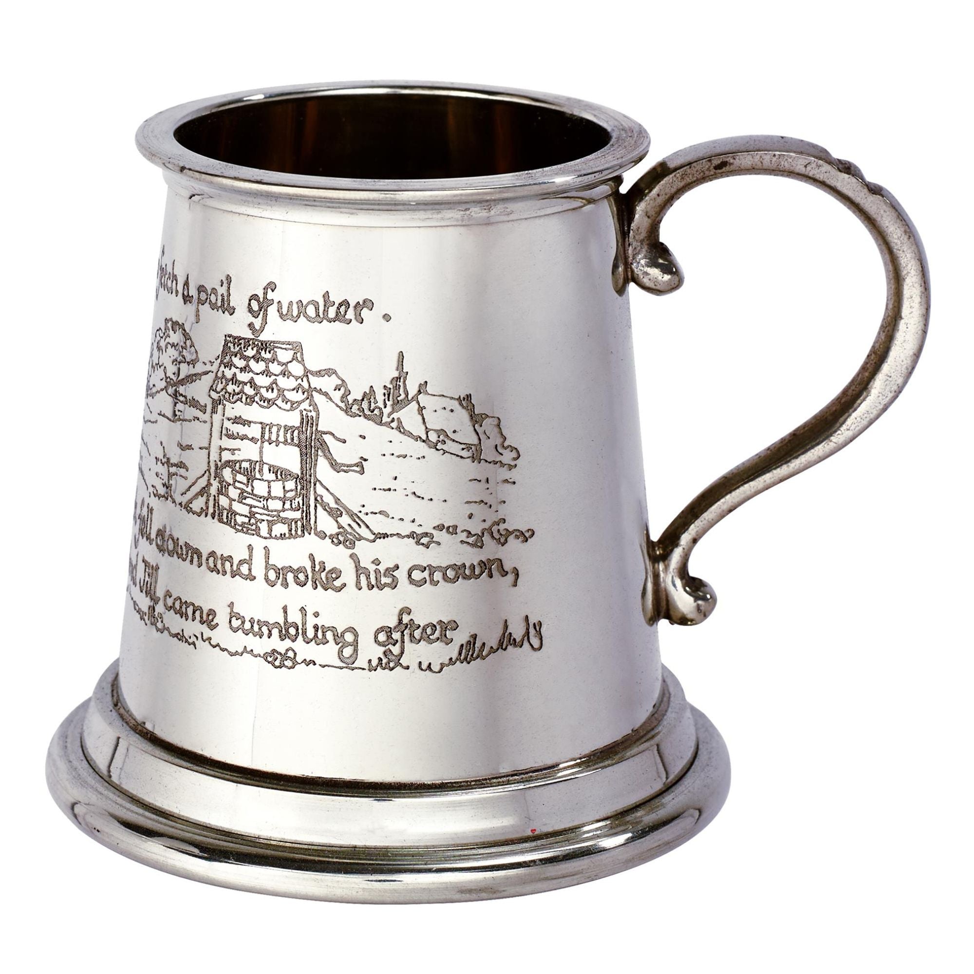 Silver tankard with engraved text and design on a white background