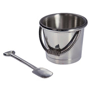 Metal bucket with handle and spoon on a white background