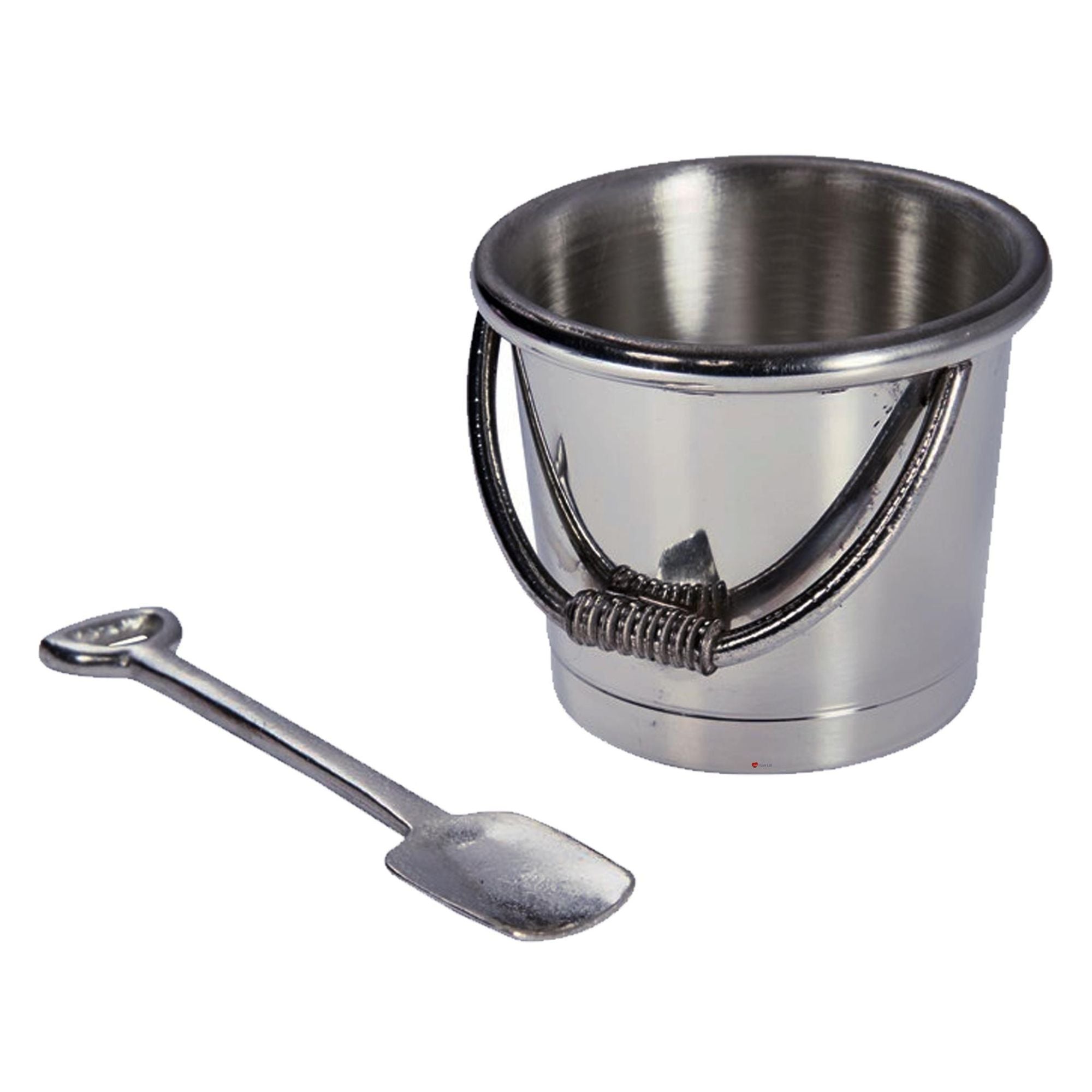 Metal bucket with handle and spoon on a white background