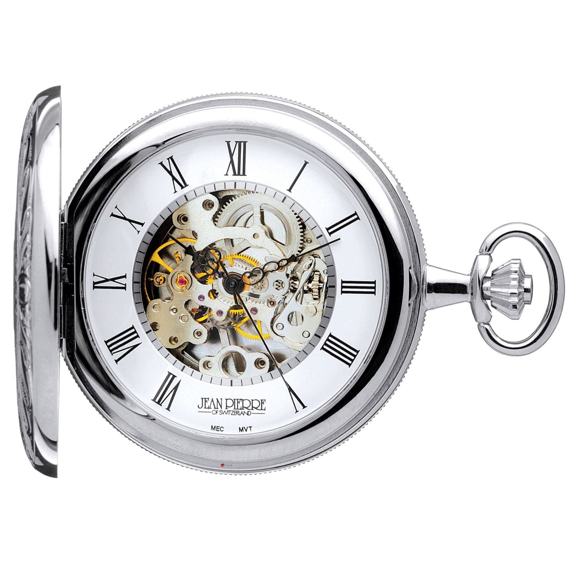 Silver pocket watch with visible mechanical components on a white background