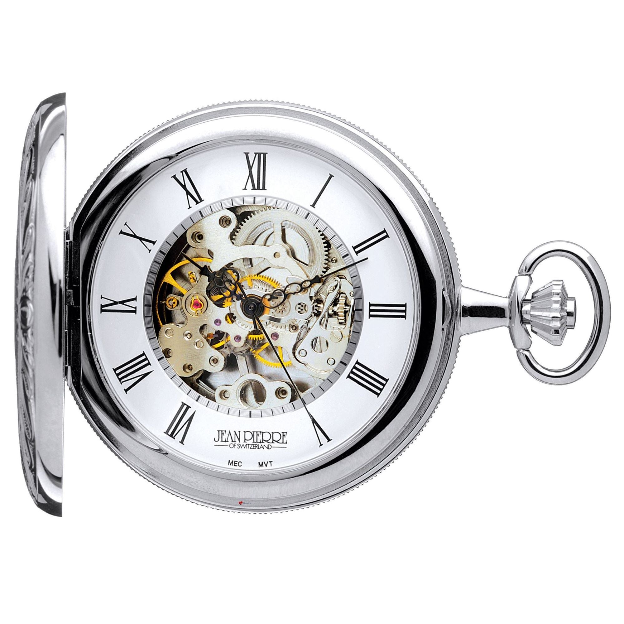 Silver pocket watch with visible mechanical components on a white background