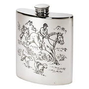 Silver flask with equestrian design on a white background