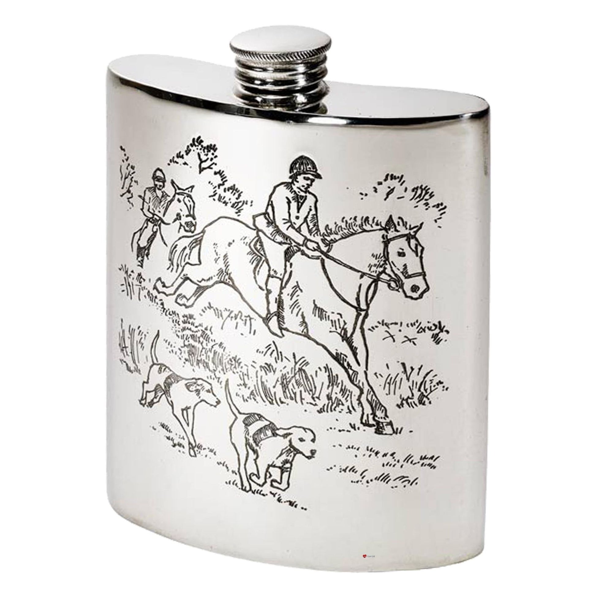 Silver flask with equestrian design on a white background