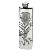 Silver flask with peacock feather design on a white background