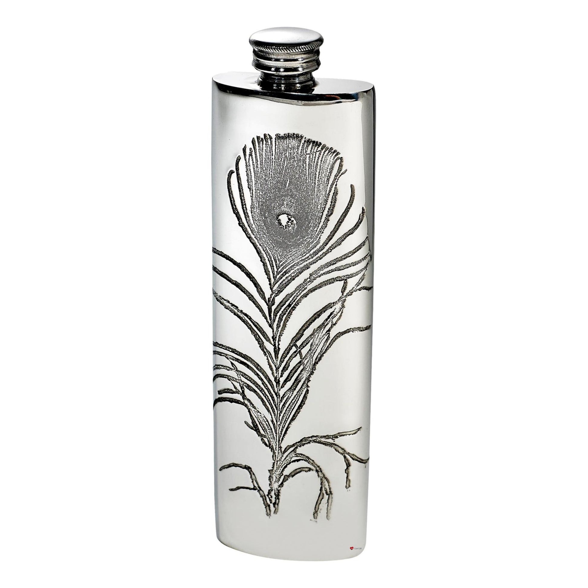 Silver flask with peacock feather design on a white background