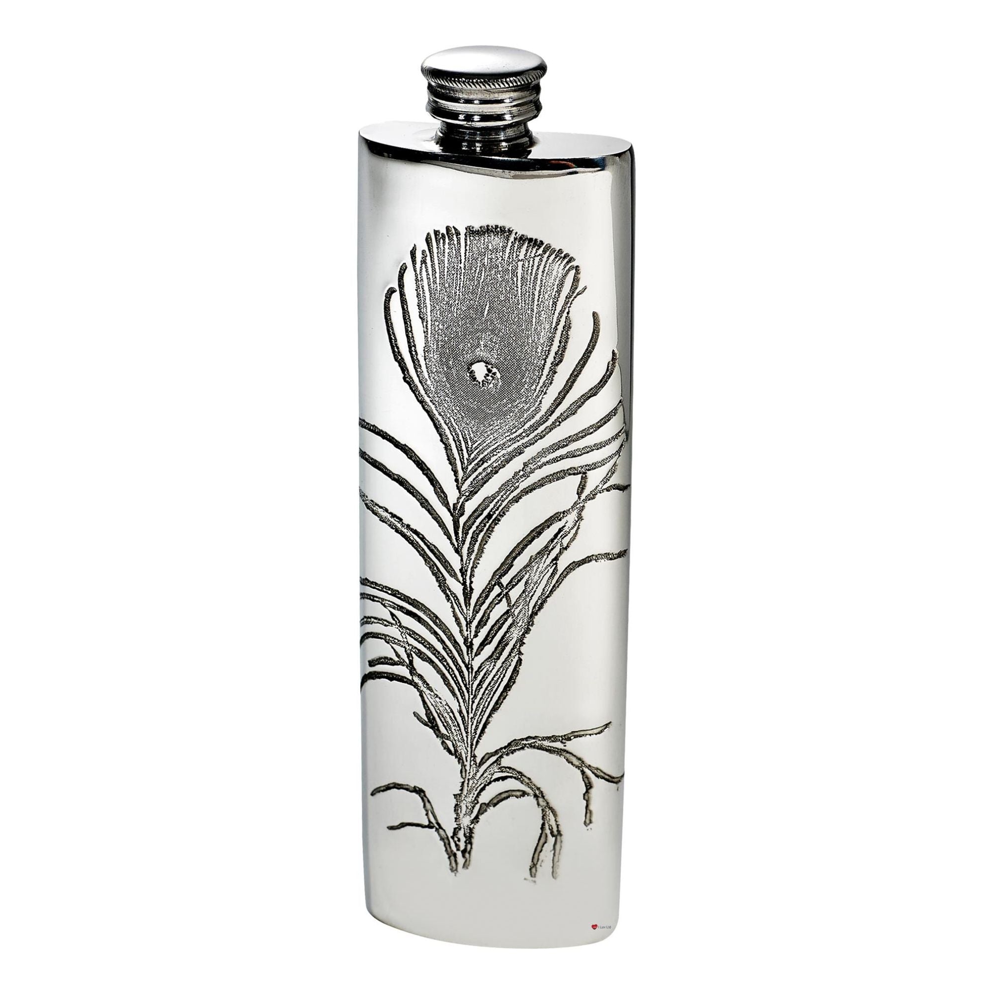 Silver flask with peacock feather design on a white background