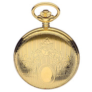 Gold pocket watch with intricate designs on a white background
