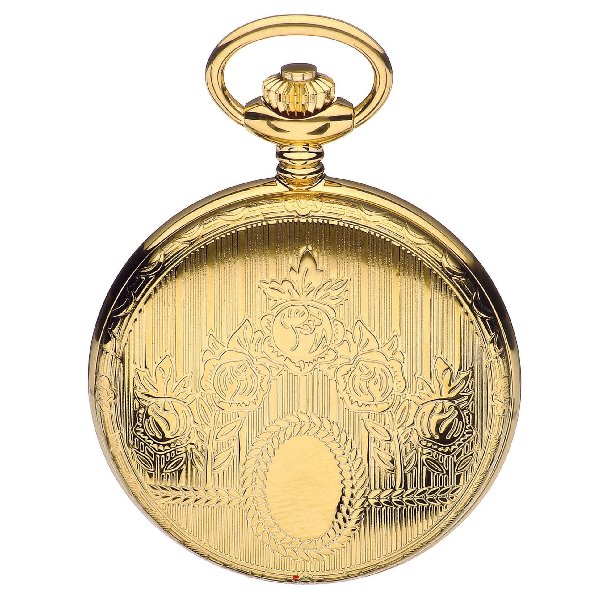 Gold pocket watch with intricate designs on a white background
