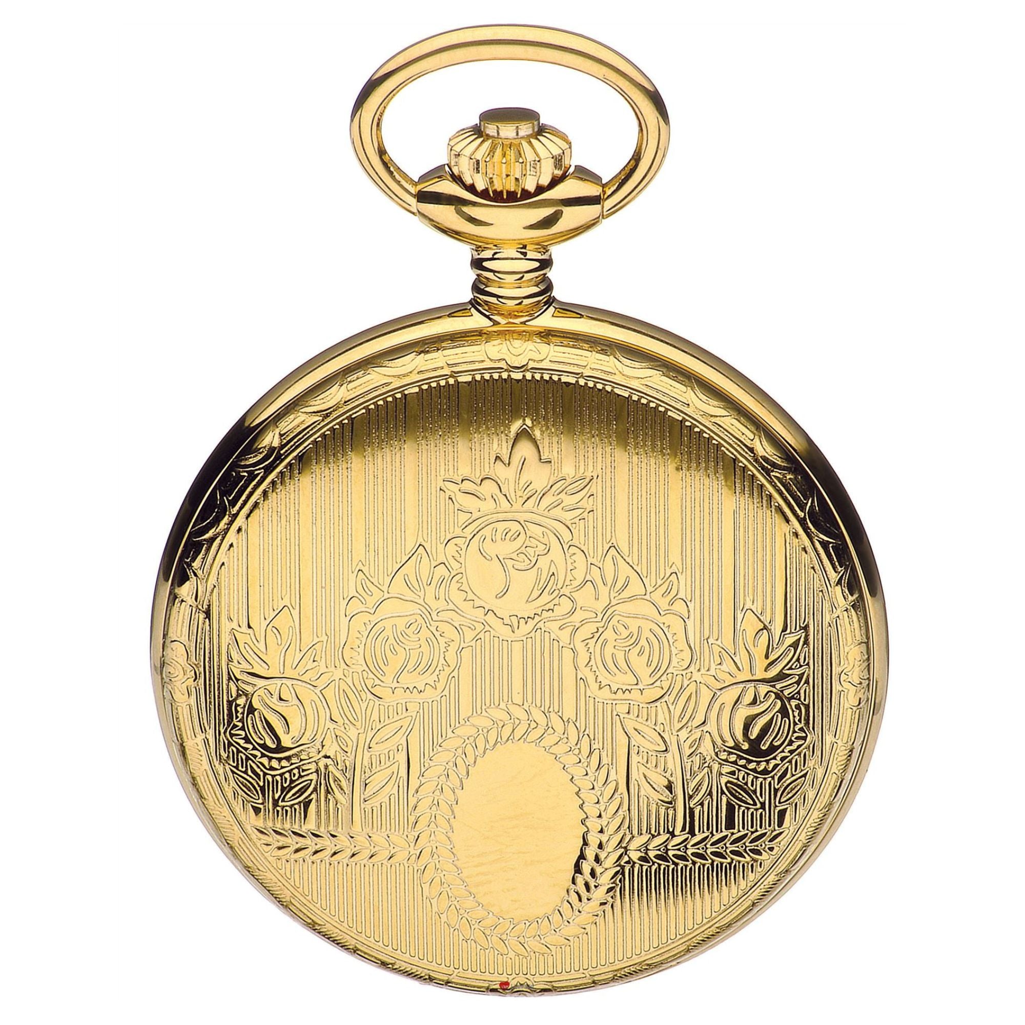 Gold pocket watch with intricate designs on a white background
