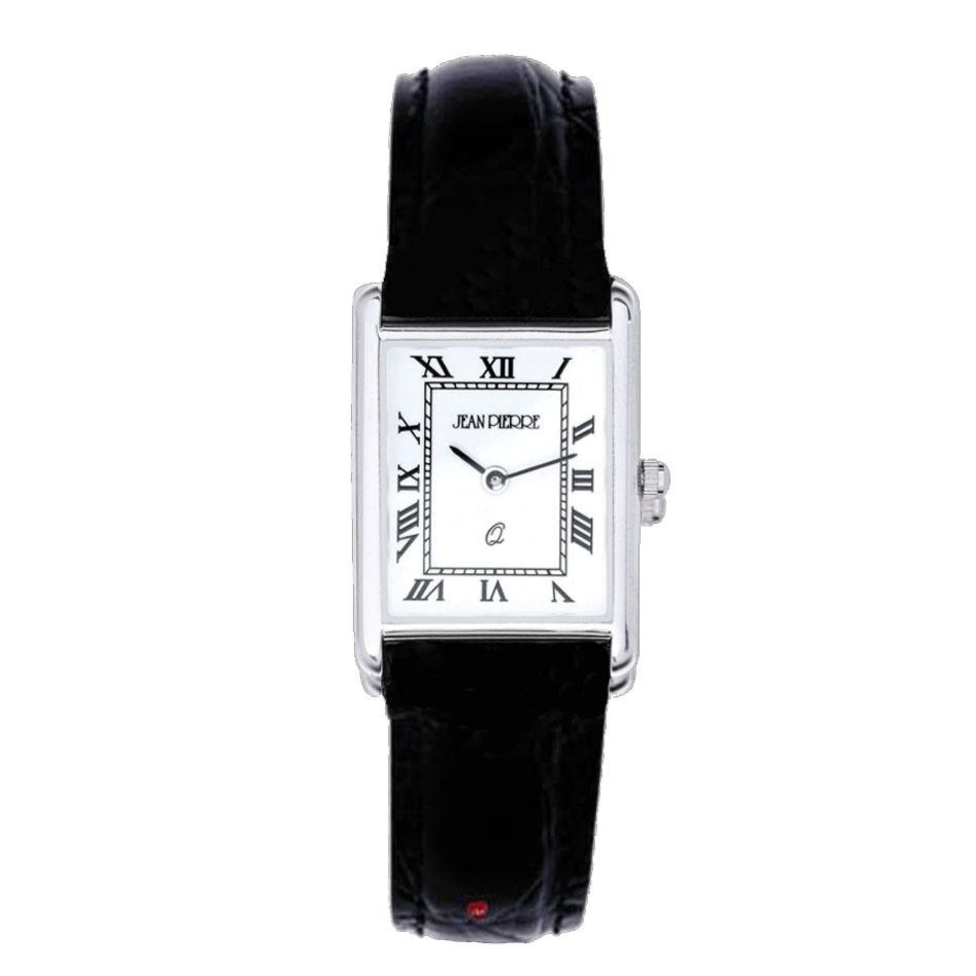 Watch with black strap and white face on a white background
