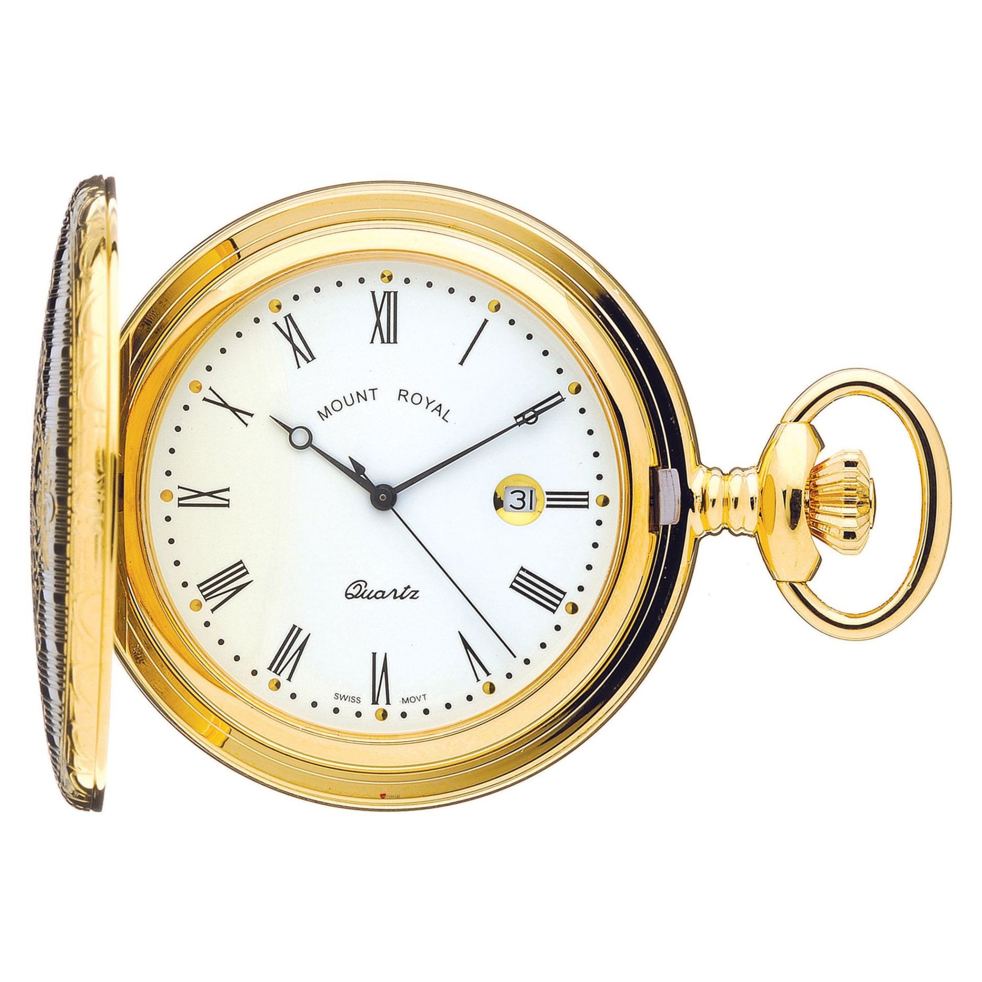 Gold pocket watch with white face and Roman numerals on a white background