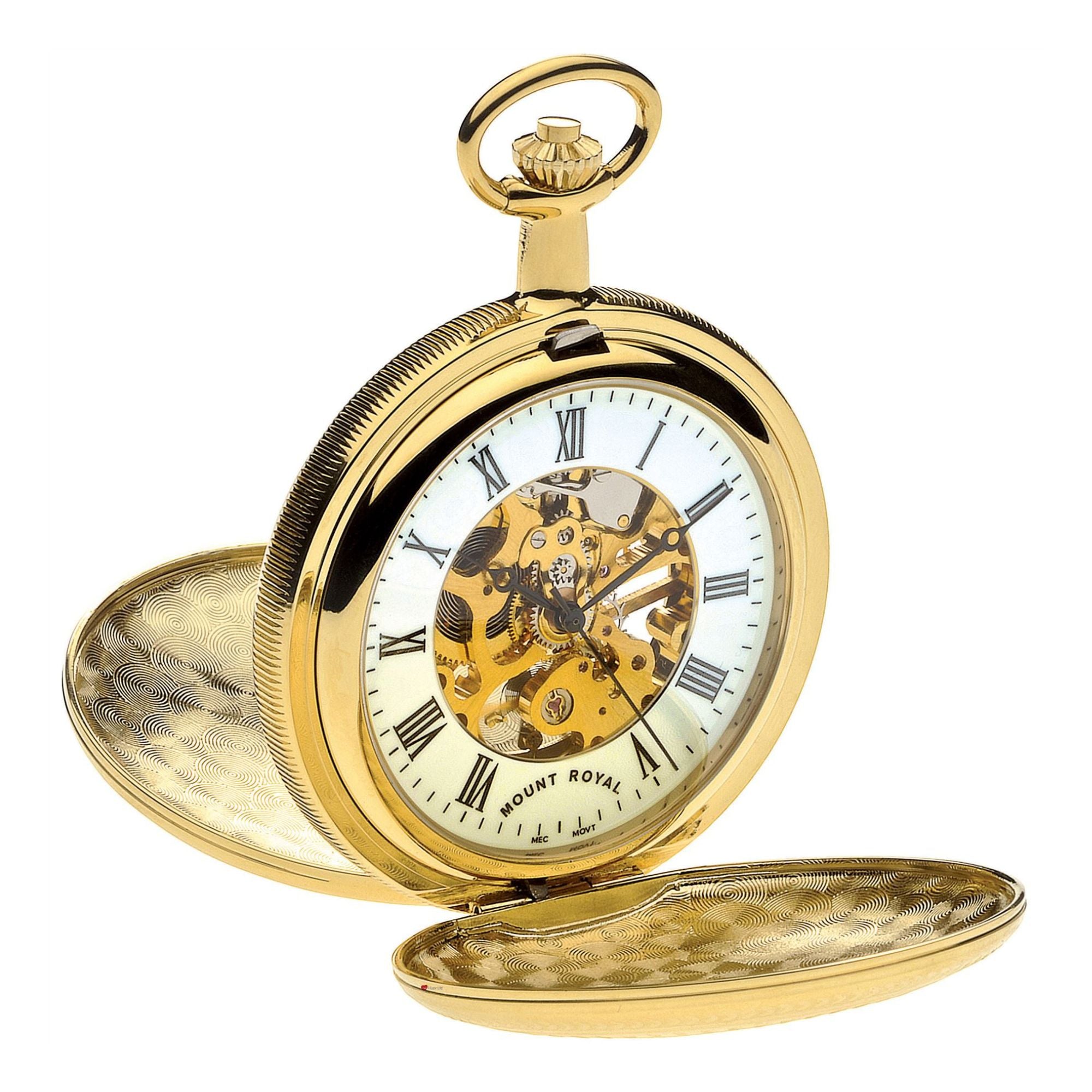 Gold pocket watch with open face on a white background