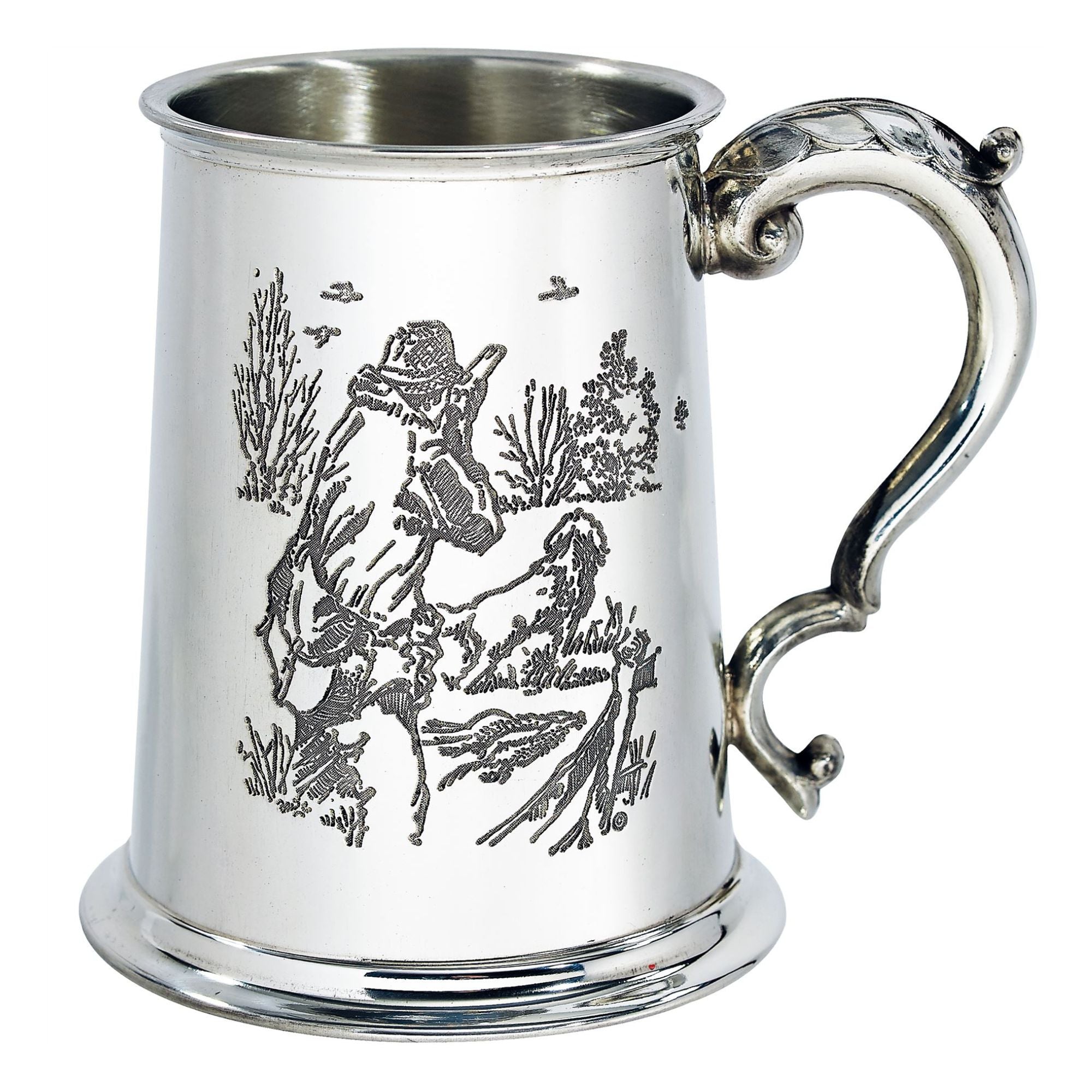Silver tankard with engraved design of a person on horseback in a natural setting.