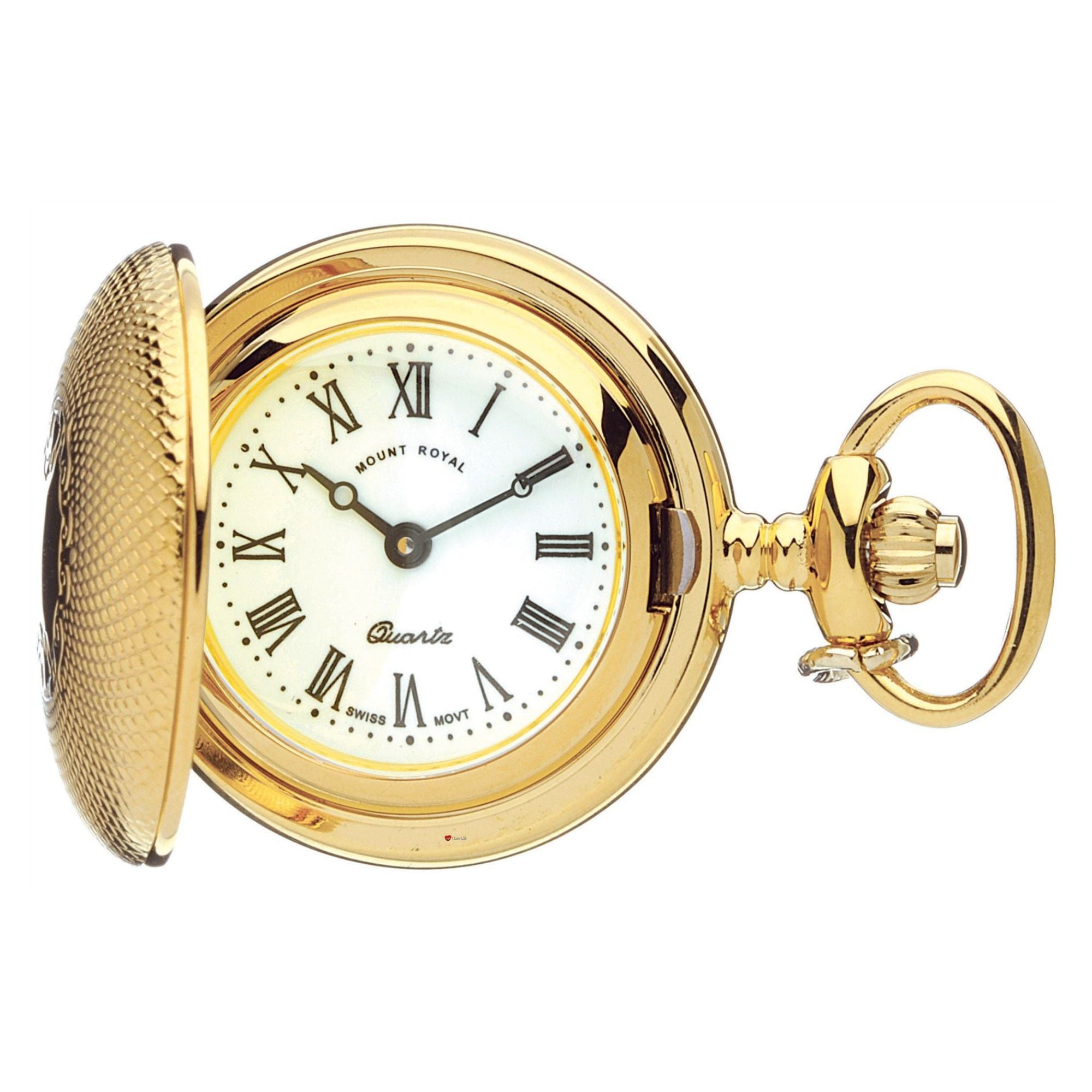 Gold pocket watch with white face and Roman numerals on a white background