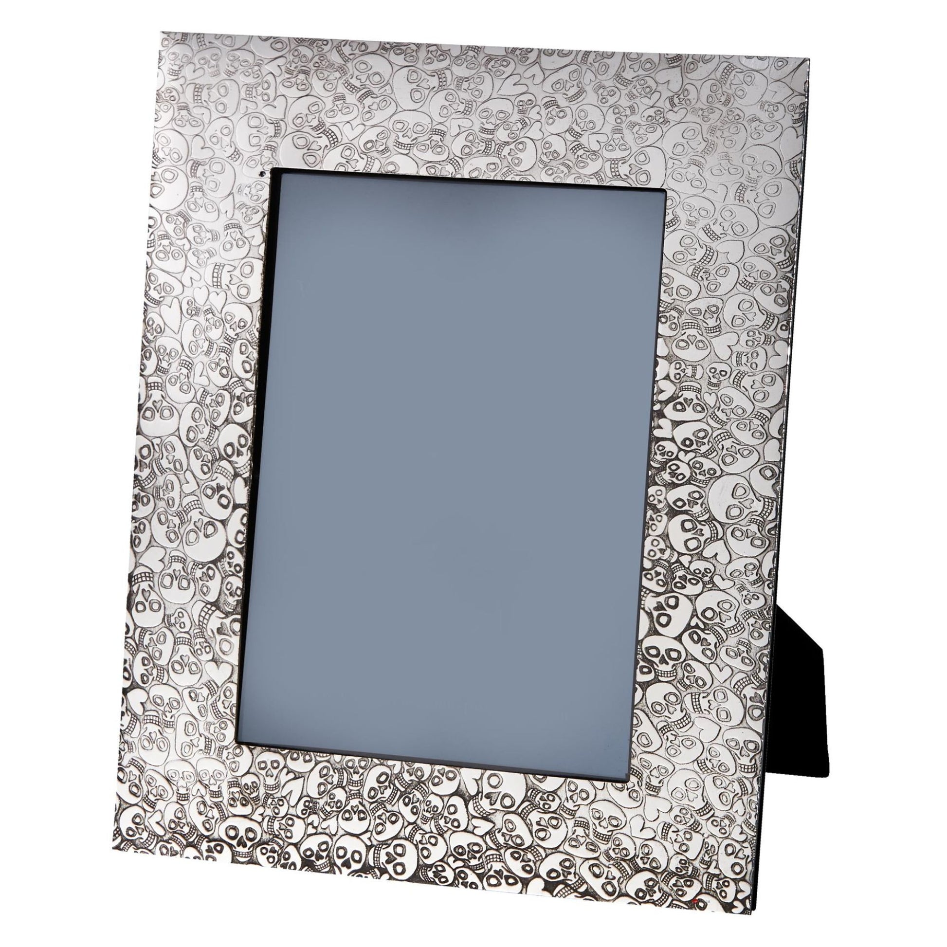 Decorative silver photo frame with intricate patterns on a white background