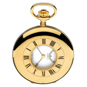 Gold pocket watch with Roman numerals on a white background