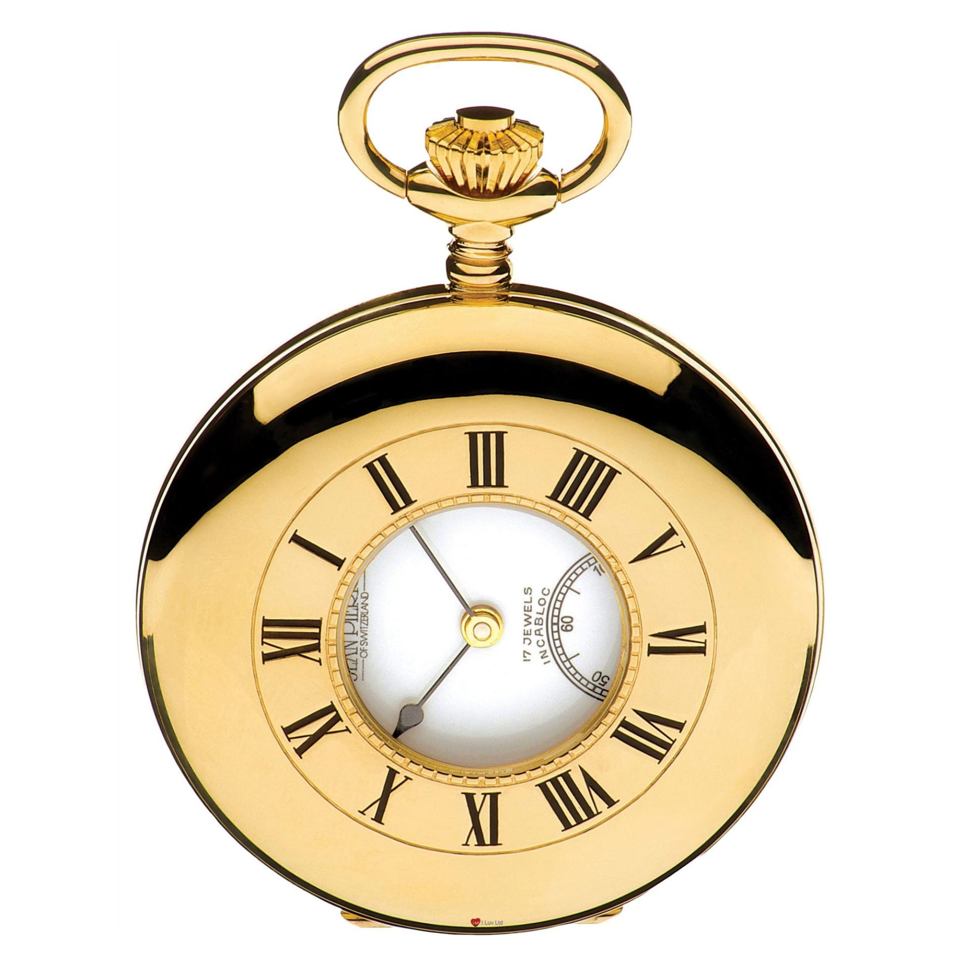 Gold pocket watch with Roman numerals on a white background