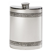 Silver hip flask with Celtic knot design on a white background