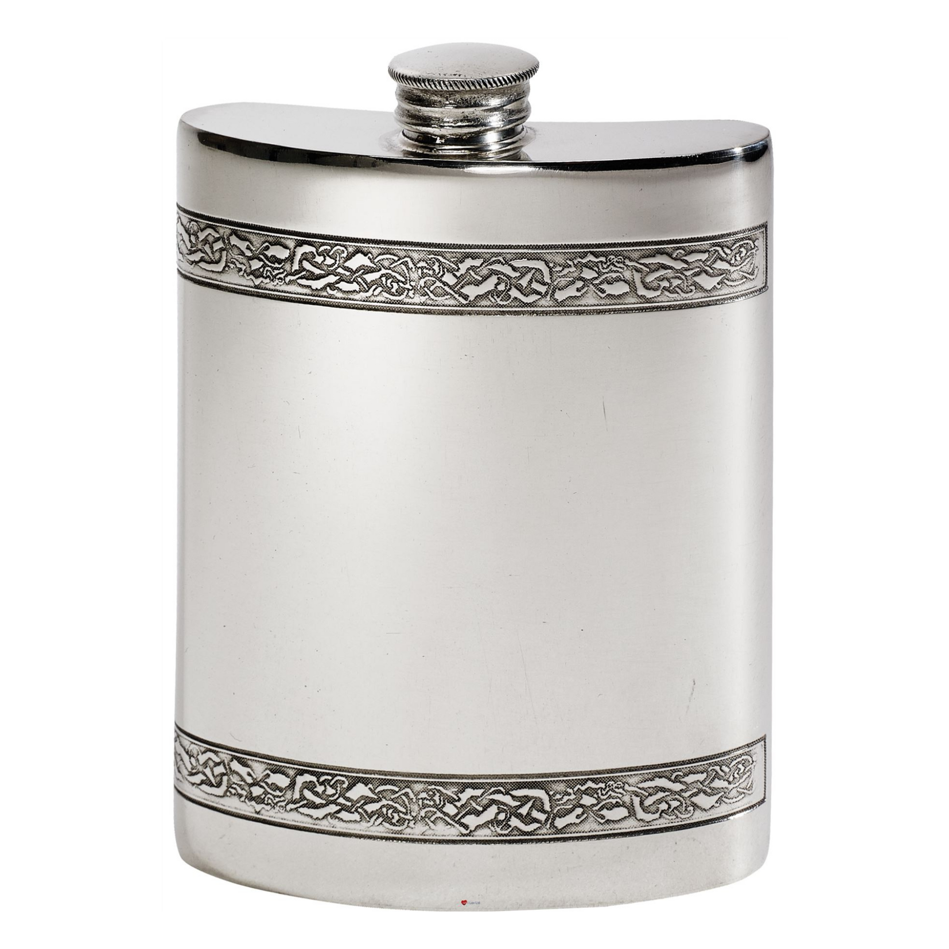 Silver hip flask with Celtic knot design on a white background