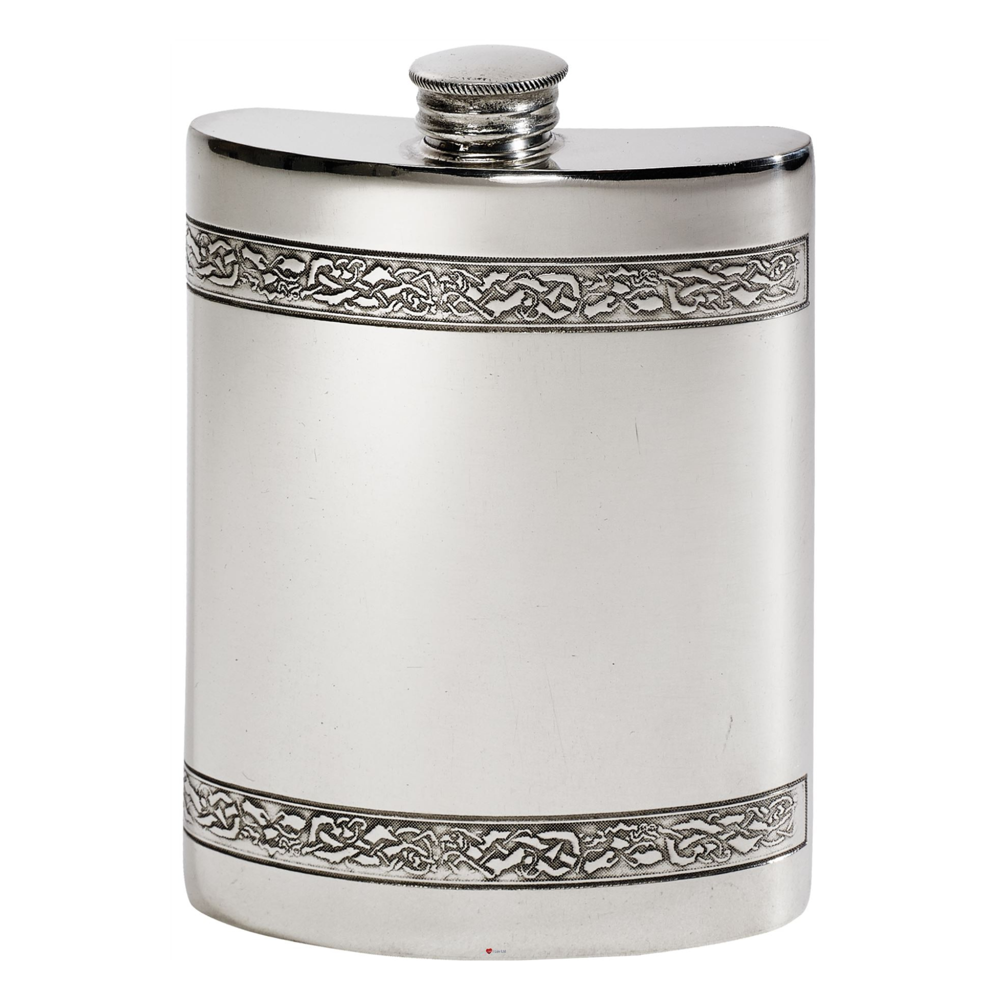 Silver hip flask with Celtic knot design on a white background