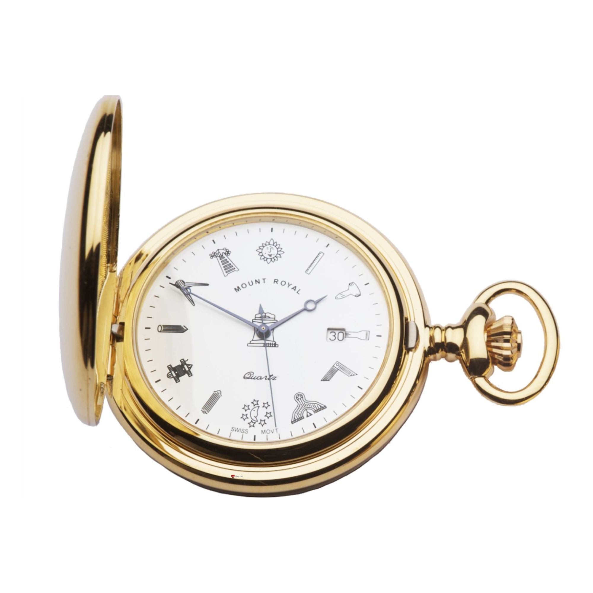 Masonic Pocket Watch Half Hunter Gold Plated Date Quartz Movement Chain
