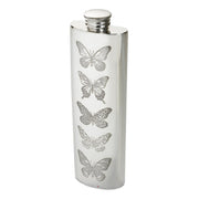Silver flask with butterfly designs on a white background