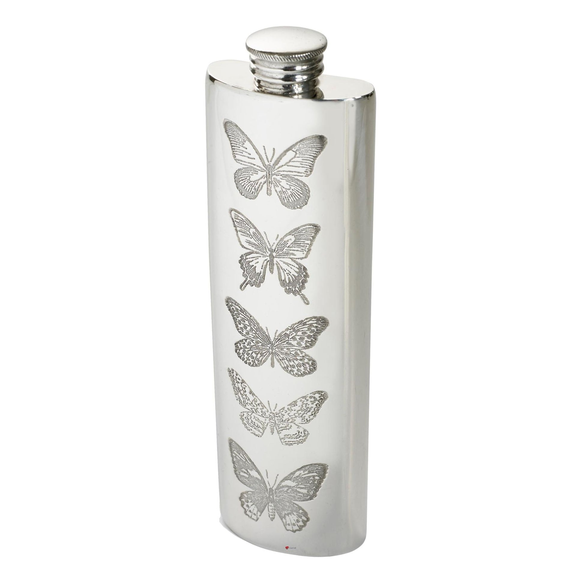 Silver flask with butterfly designs on a white background