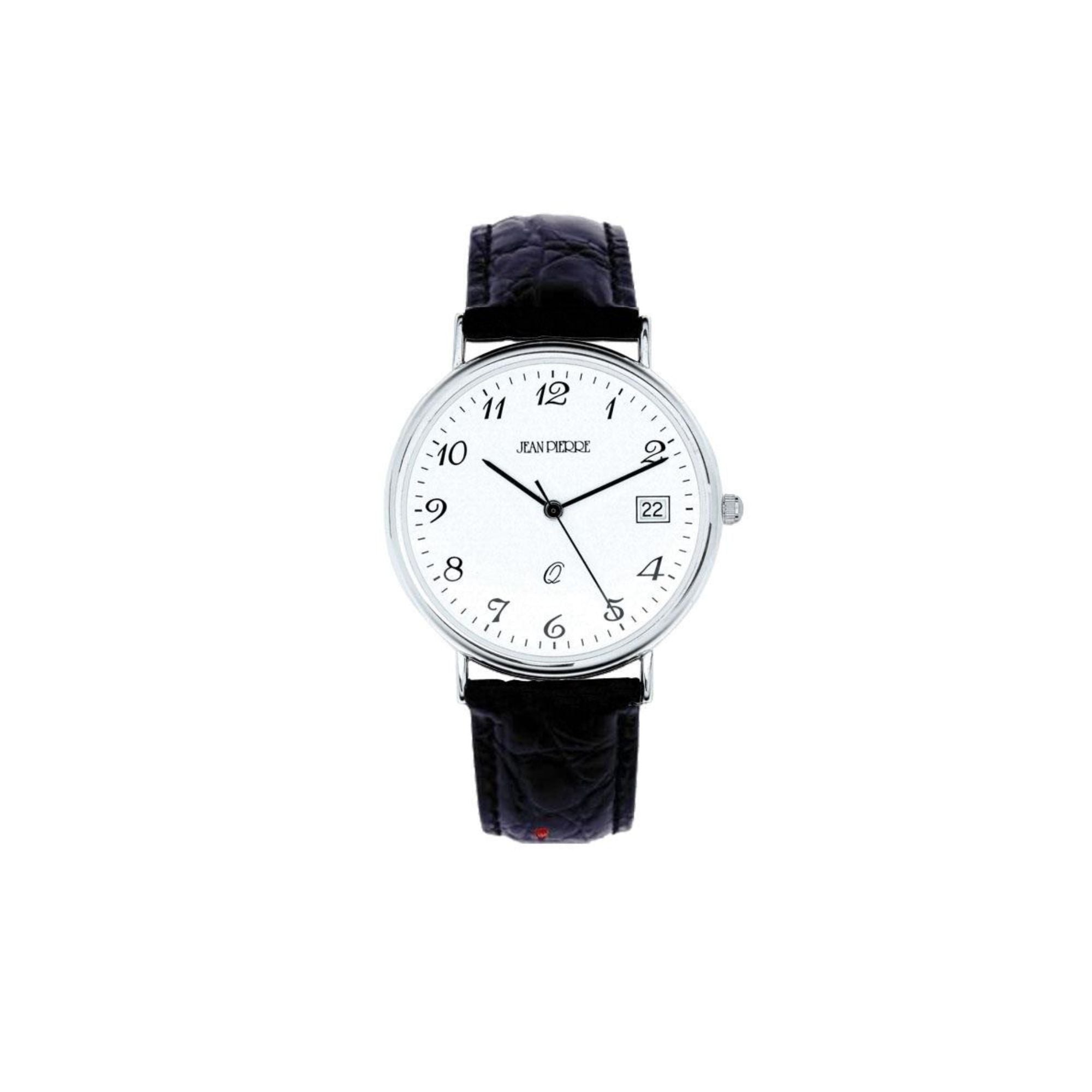 Sterling Silver Gents Wristwatch Standard Numerals Date Black Leather Strap