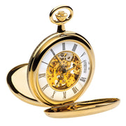 Gold pocket watch with open face on a white background