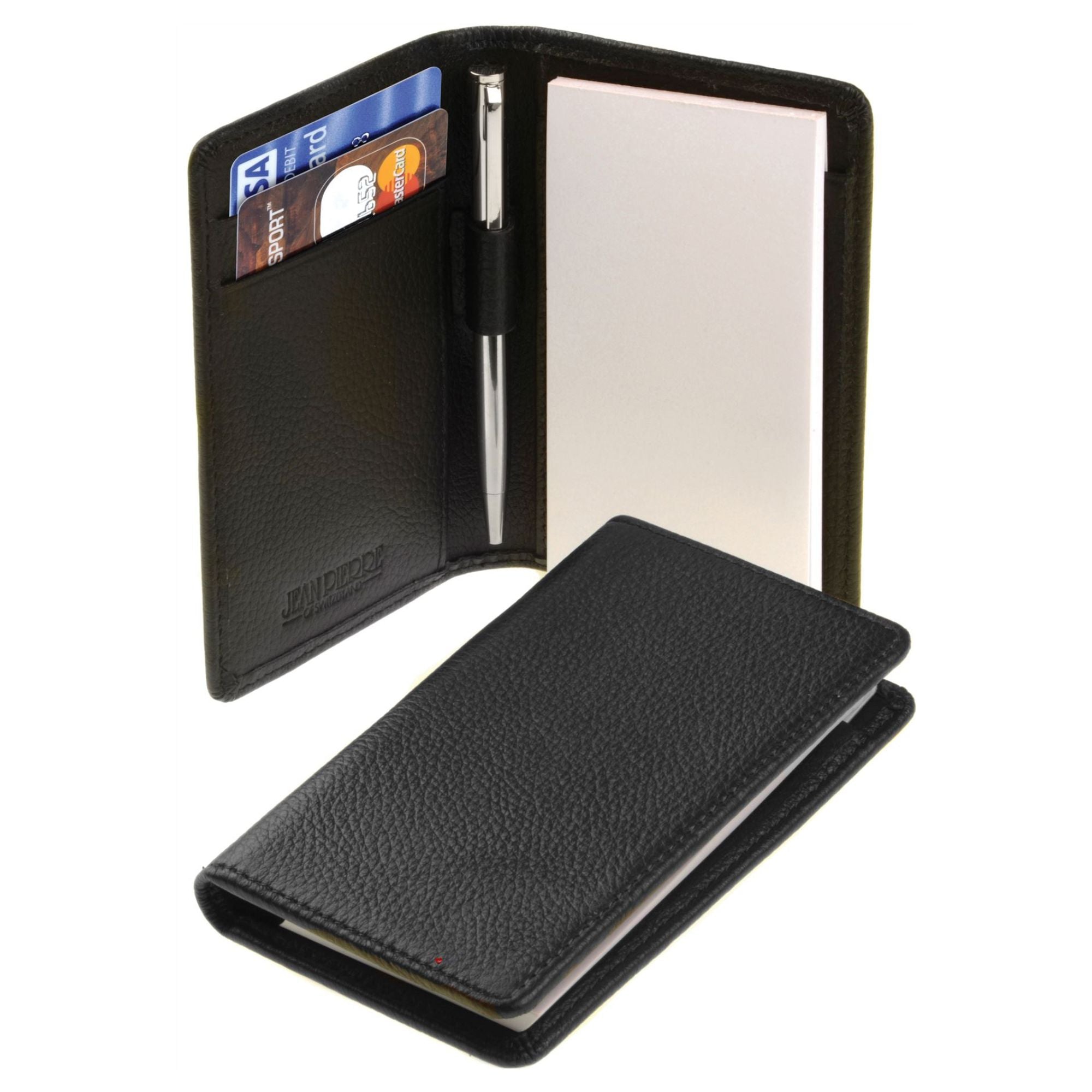 Black leather cardholder with cards and a pen on a white background