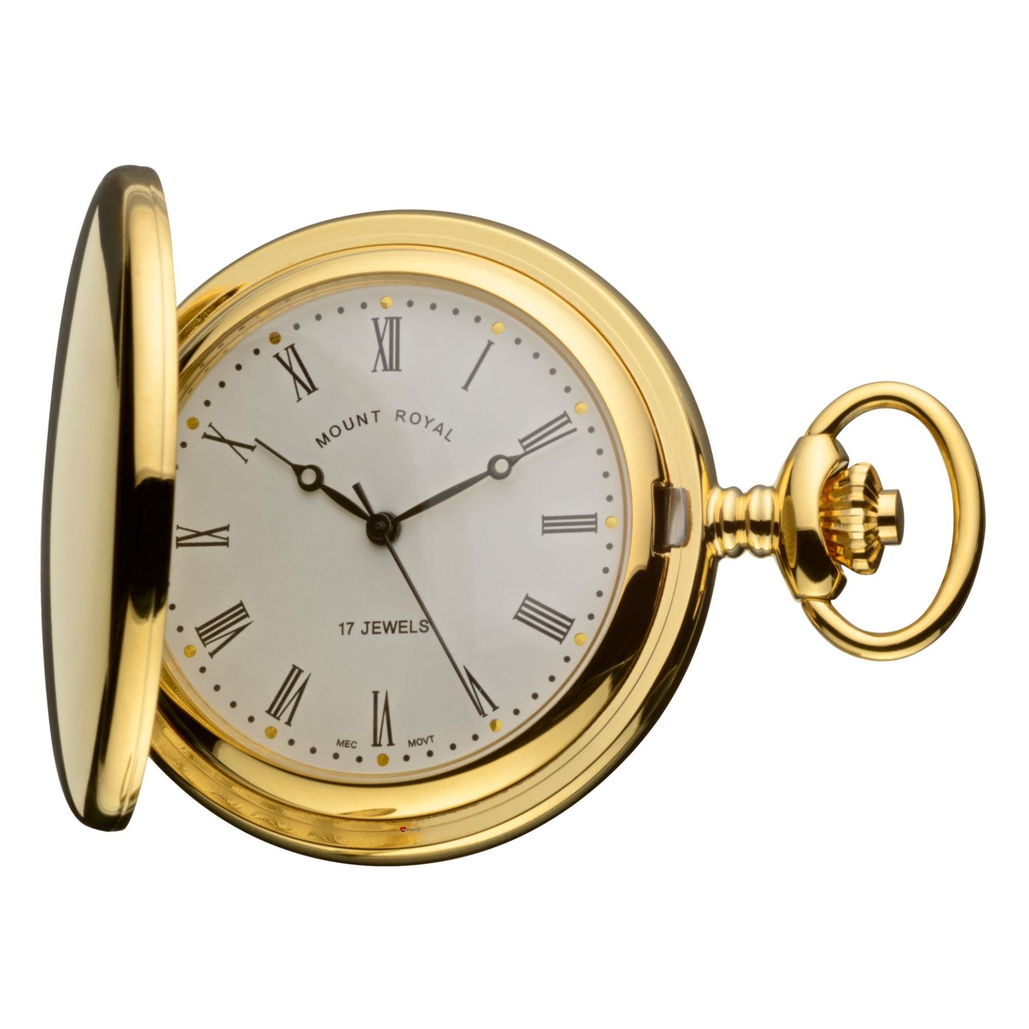 Gold pocket watch with 'Mount Royal' branding on a white background