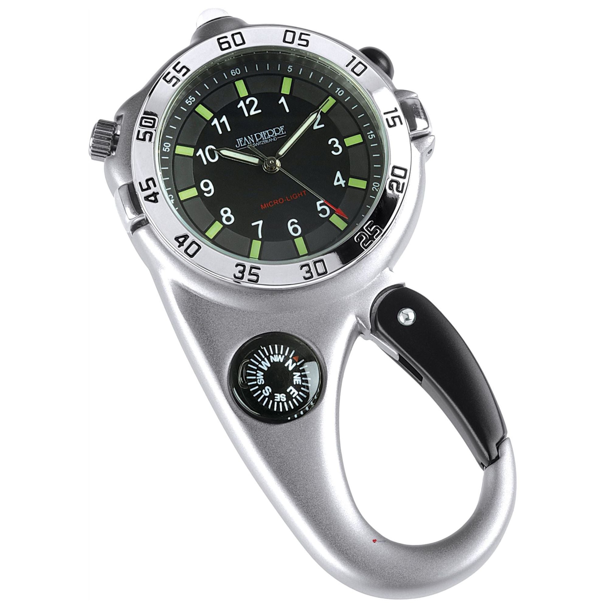Silver wristwatch with black dial and compass on a white background