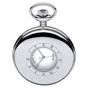 Silver pocket watch with a white face and Roman numeral markings on a white background