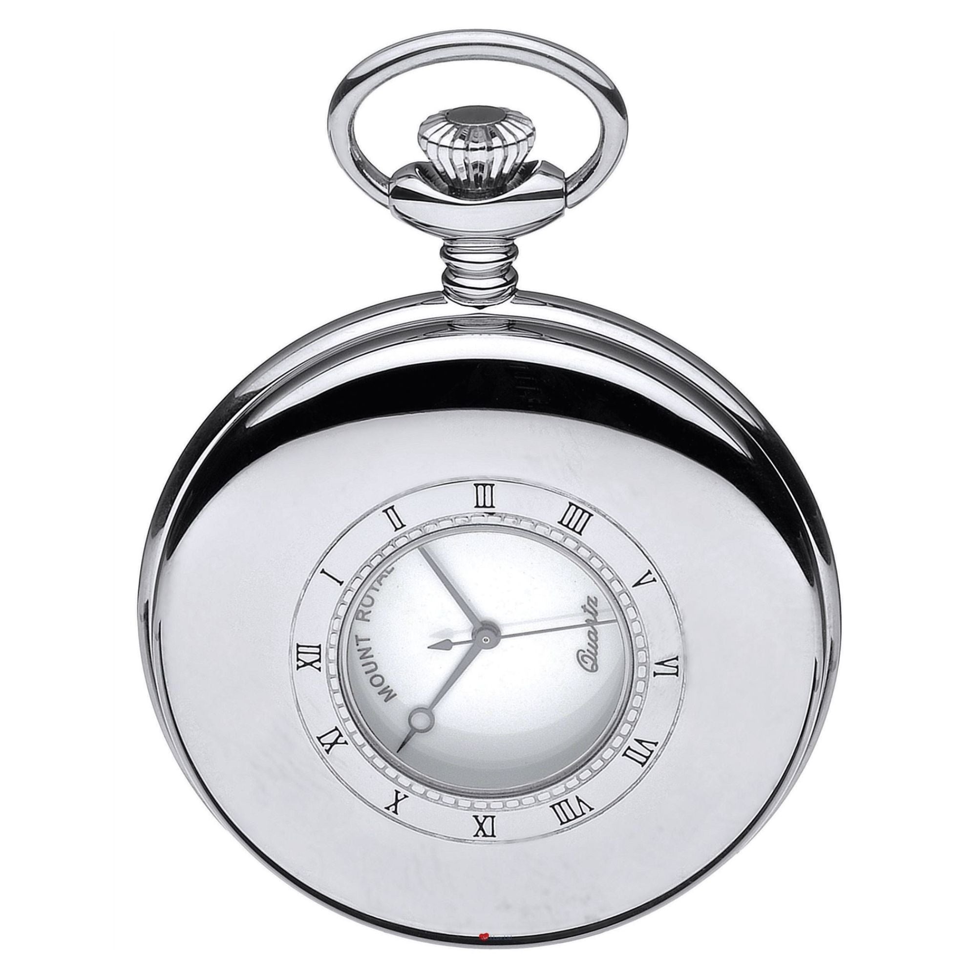 Silver pocket watch with a white face and Roman numeral markings on a white background