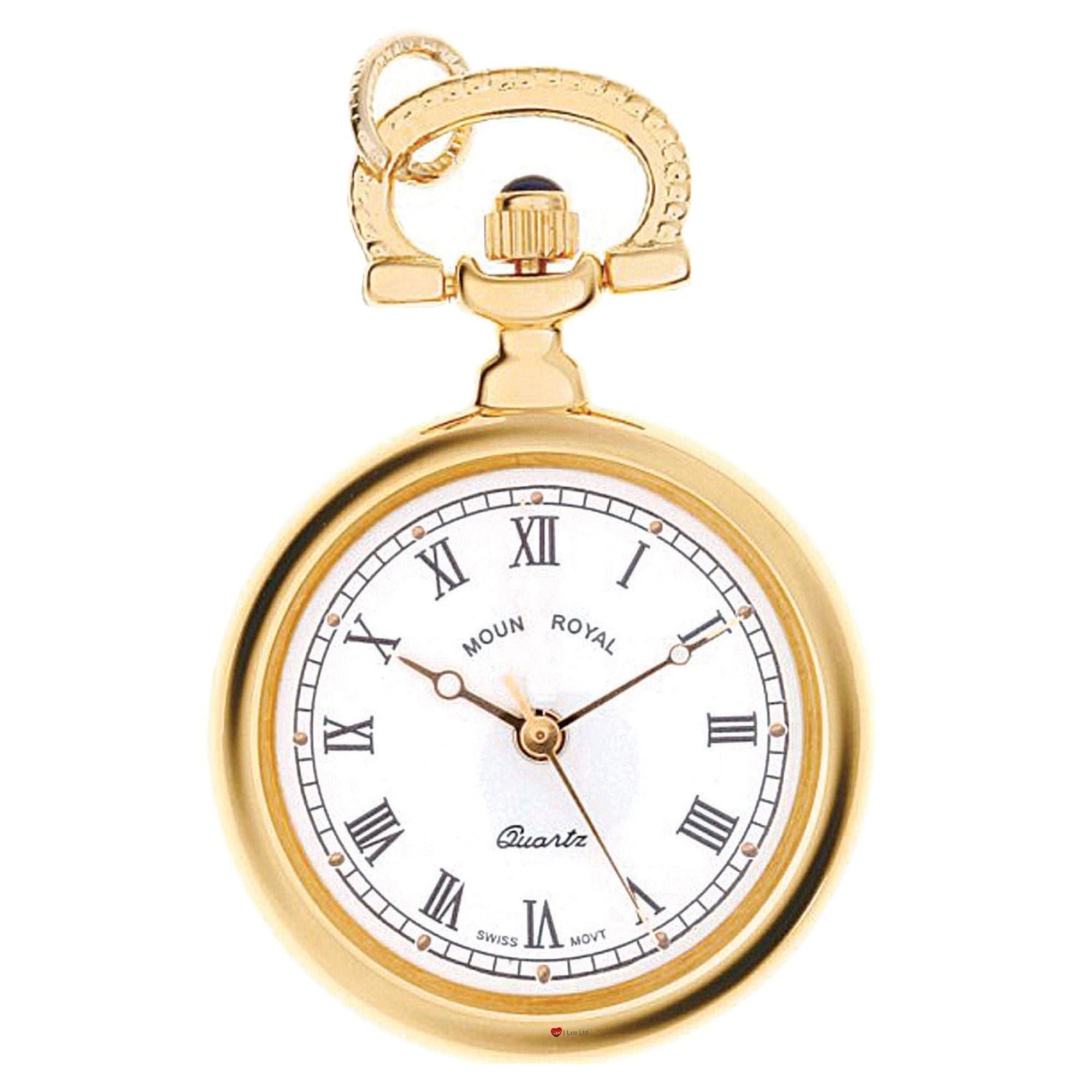 Gold pocket watch with white face and Roman numerals on a white background