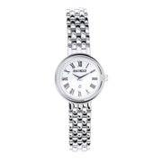 Silver watch with white face and Roman numerals on a white background