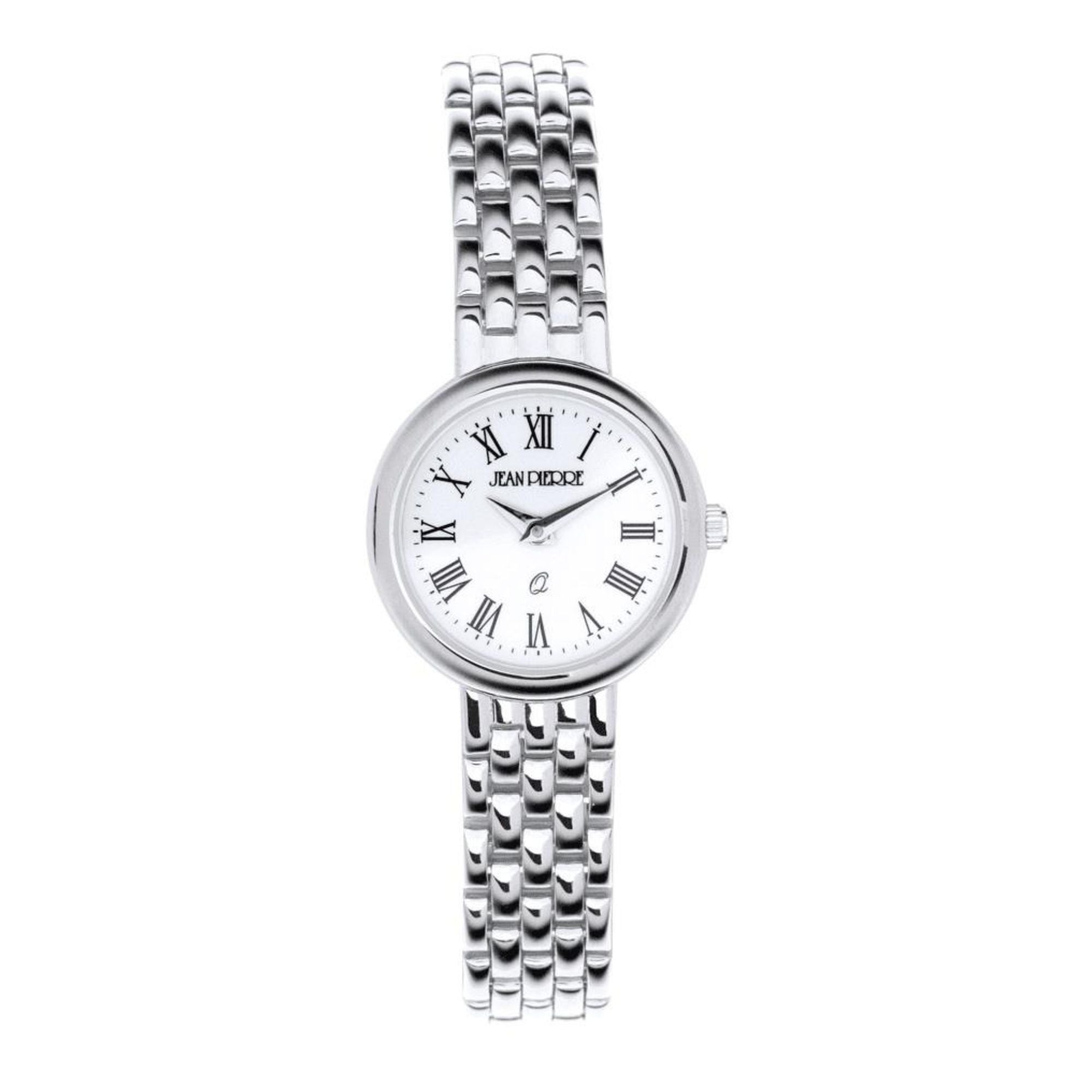 Silver watch with white face and Roman numerals on a white background