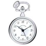 Silver pocket watch with a white face on a white background