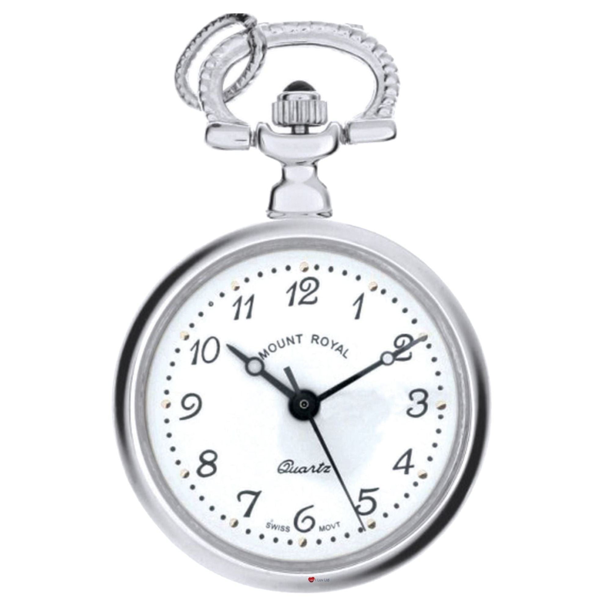 Silver pocket watch with a white face on a white background