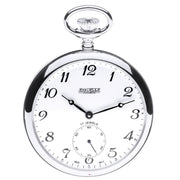 Pocket watch with white face and visible brand name on a white background