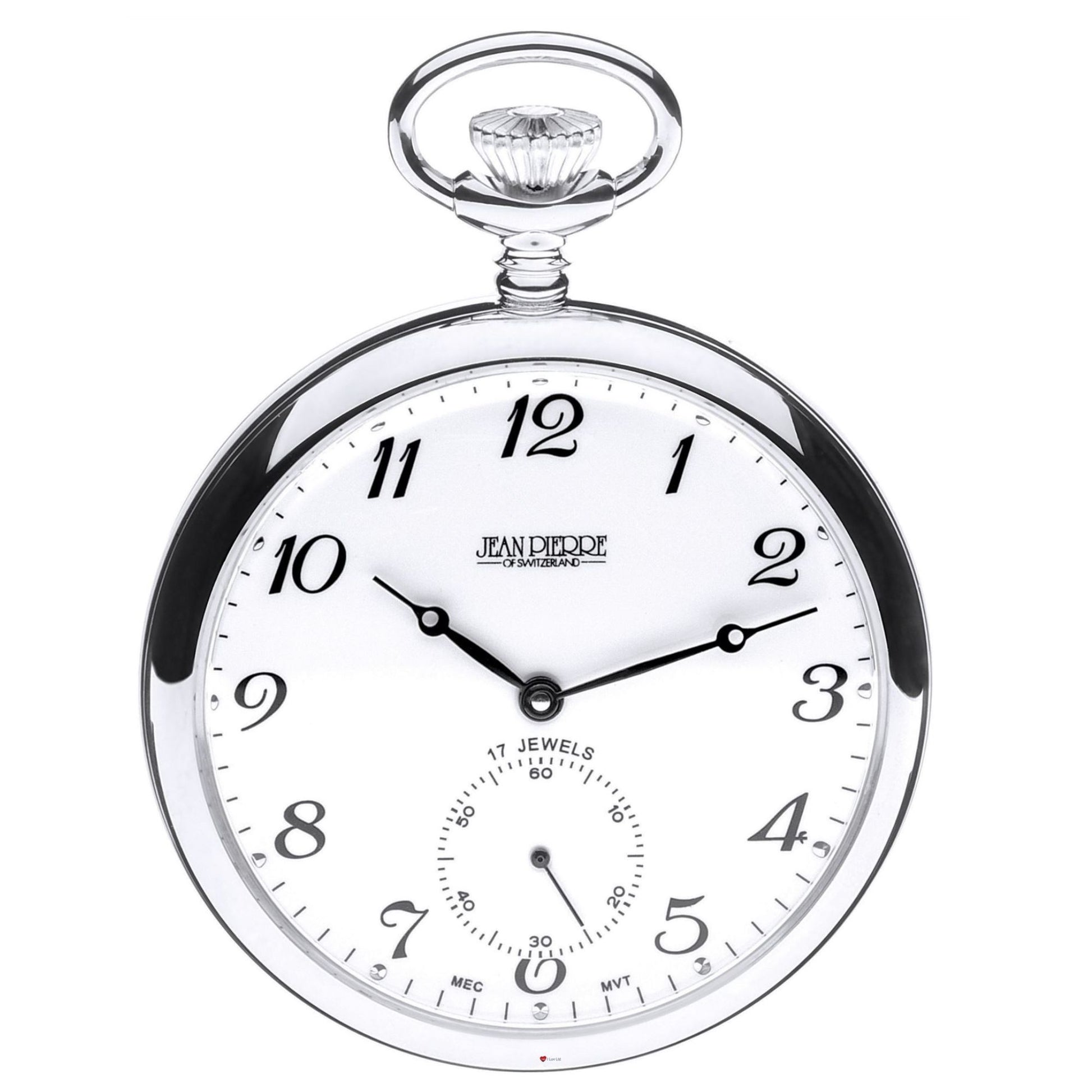 Pocket watch with white face and visible brand name on a white background