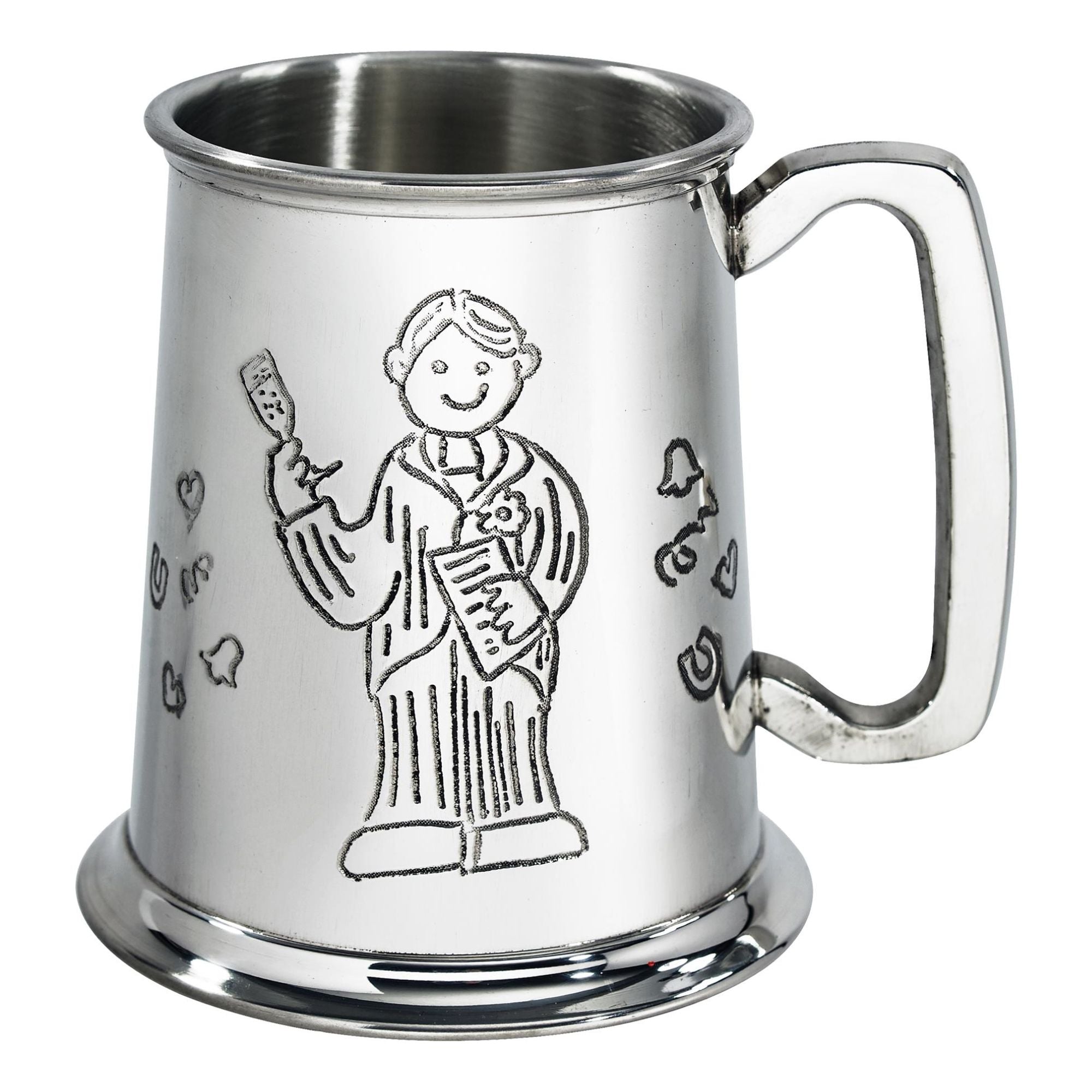 Silver tankard with engraved design of a person holding a book on a white background