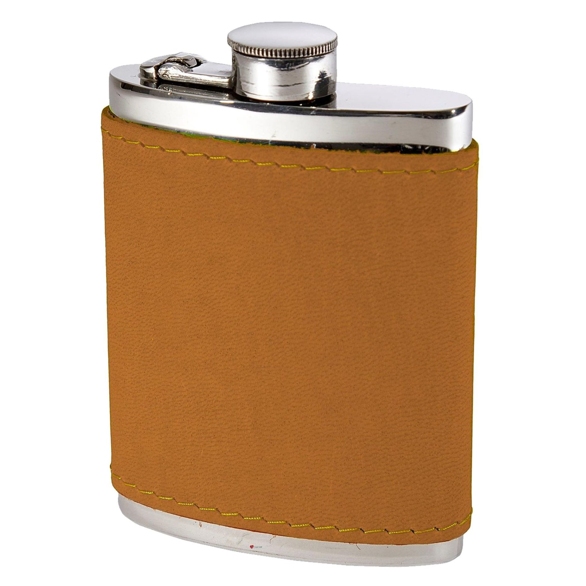 Flask with brown leather wrap and silver cap on a white background