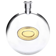 Round glass perfume bottle with gold cap on a white background