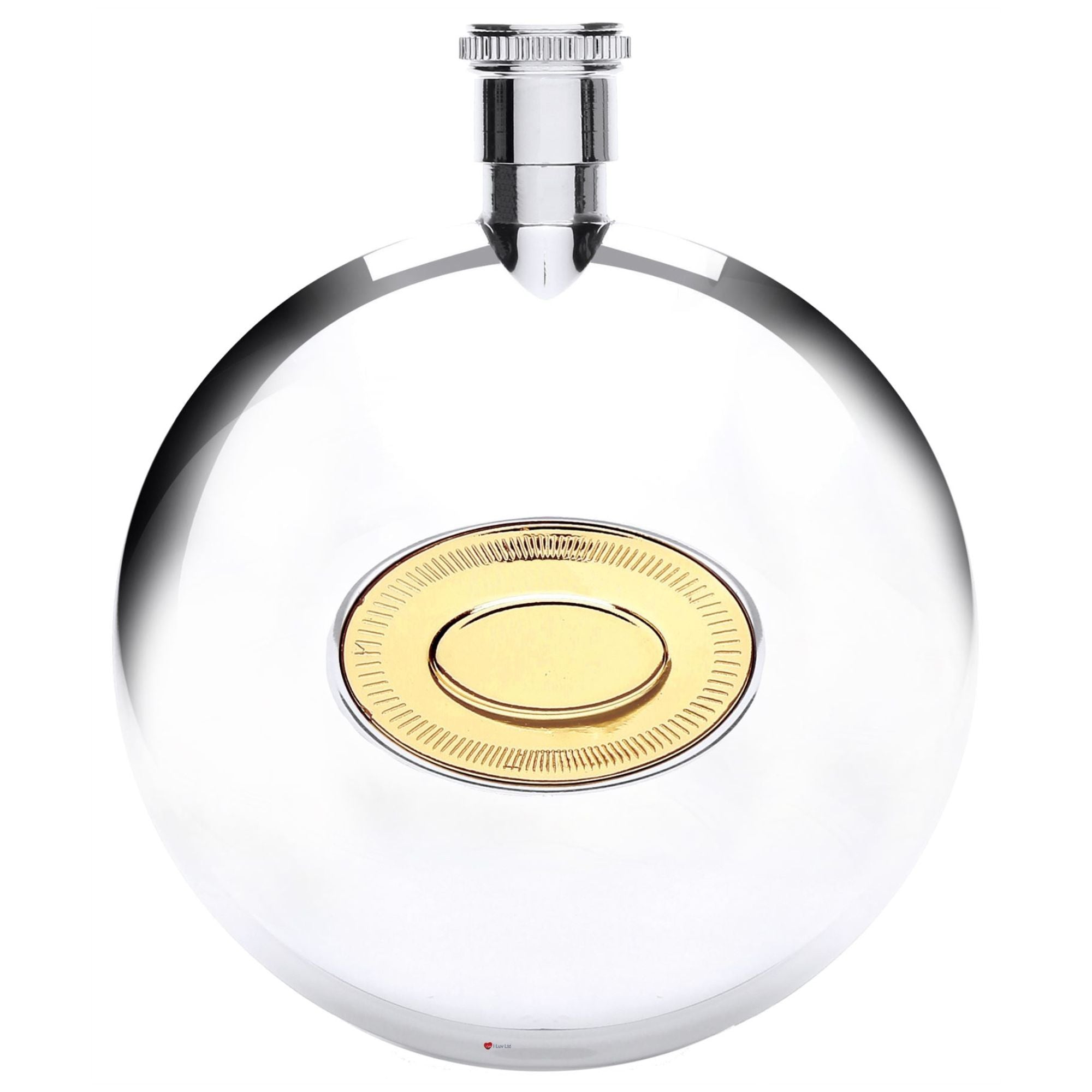 Round glass perfume bottle with gold cap on a white background
