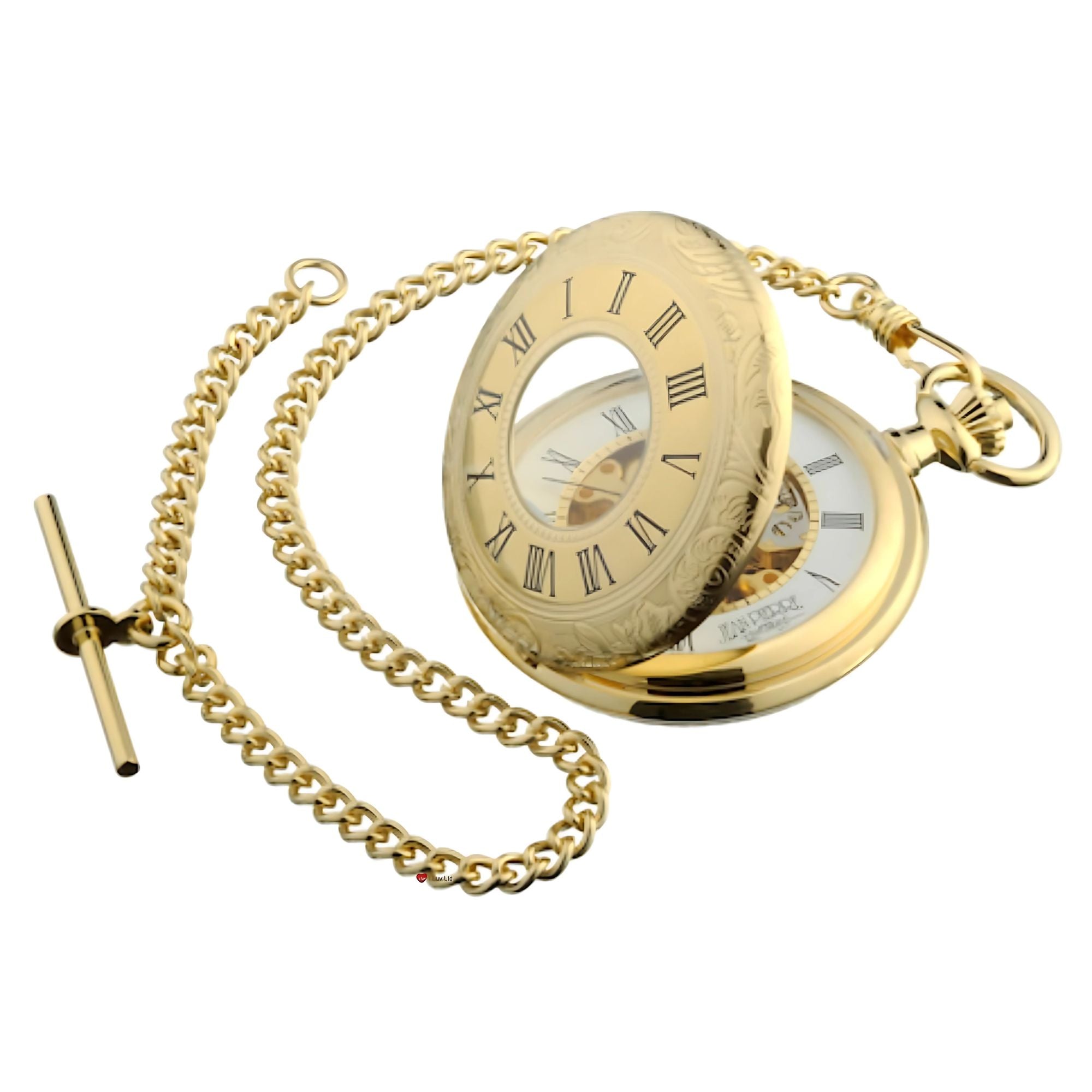 Gold pocket watch with chain on a white background
