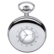 Silver pocket watch with white face and Roman numerals on a white background