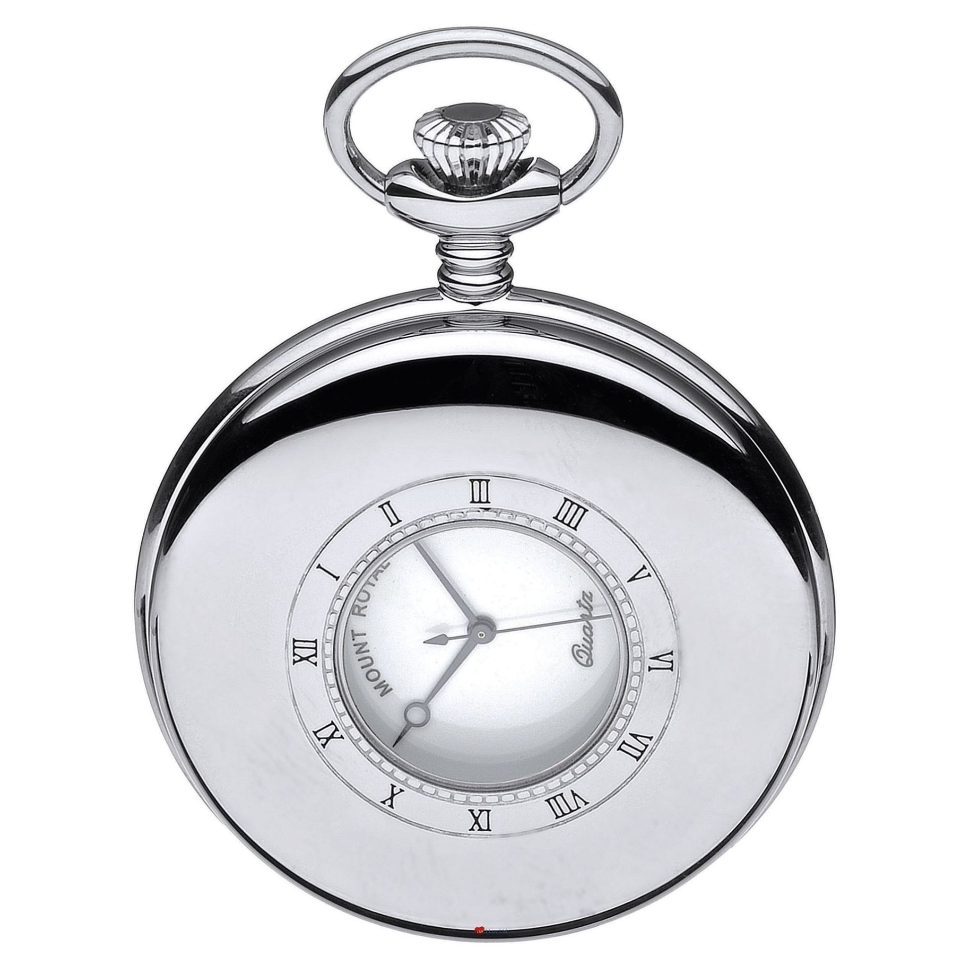 Silver pocket watch with white face and Roman numerals on a white background